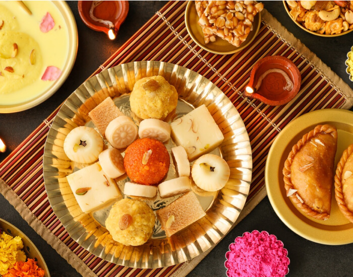 Sweets (Mithai - usually barfi or motichoor ladoo)