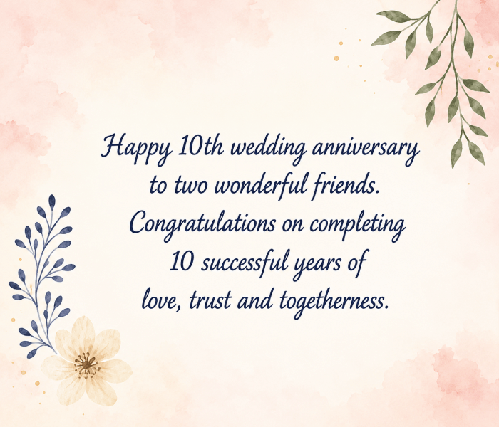 Happy 10th wedding anniversary to two wonderful friends Congratulations on completing 10 successful years of love trust and togetherness - Happy Wedding App Happy 10th wedding anniversary to two wonderful friends. Congratulations on completing 10 successful years of love, trust and togetherness.