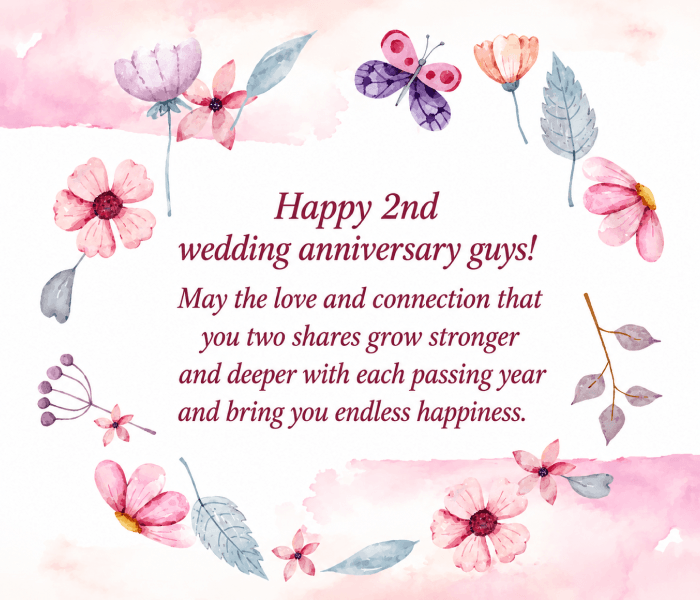 Happy 2nd wedding anniversary guys May the love and connection that you two shares grow stronger and deeper with each passing year and bring you endless happiness - Happy Wedding App Happy 2nd wedding anniversary guys! May the love and connection that you two shares grow stronger and deeper with each passing year and bring you endless happiness.