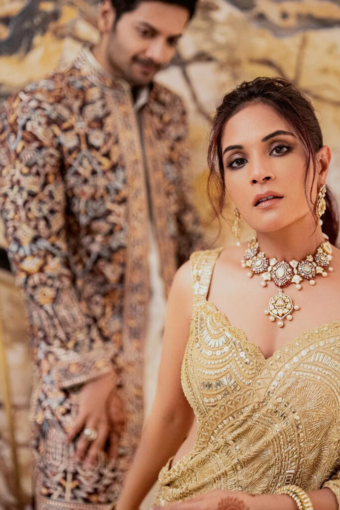Richa Chadha served bridal cocktail glamour in a head-to-toe gold sari