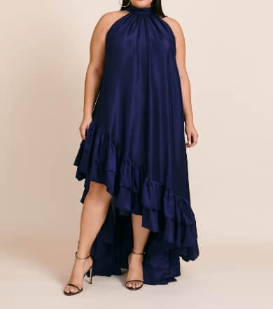 Azeeza Lucas Raw Silk Navy High-Low Gown