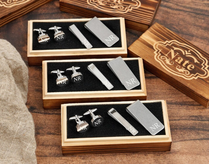 Monogrammed cufflinks and tie clips for a personalized detail