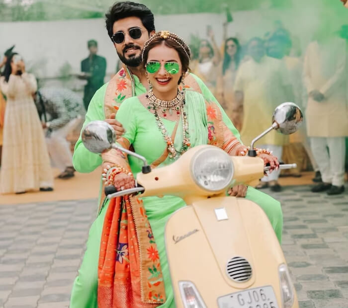 A Scooty Ride into Matrimony_ Shrenu and Akshays Joyful Haldi Entry
