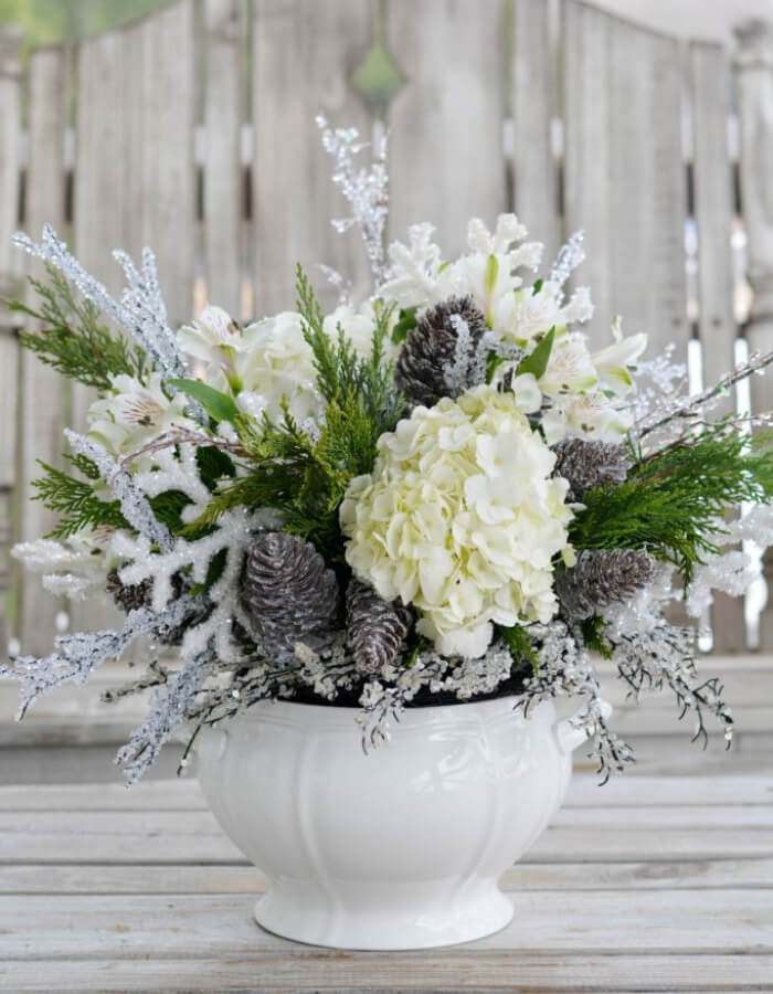 Winter White Floral Arrangements with Silver Accents