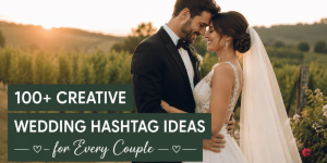 Bride and groom embrace at sunset in a vineyard; overlay reads '100+ Creative Wedding Hashtag Ideas for Every Couple'