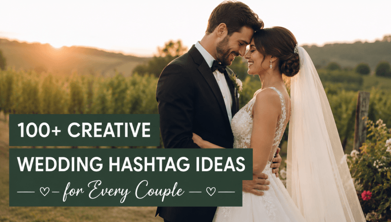 100+ Creative Wedding Hashtag Ideas for Every Couple - Happy Wedding App Bride and groom embrace at sunset in a vineyard; overlay reads '100+ Creative Wedding Hashtag Ideas for Every Couple'