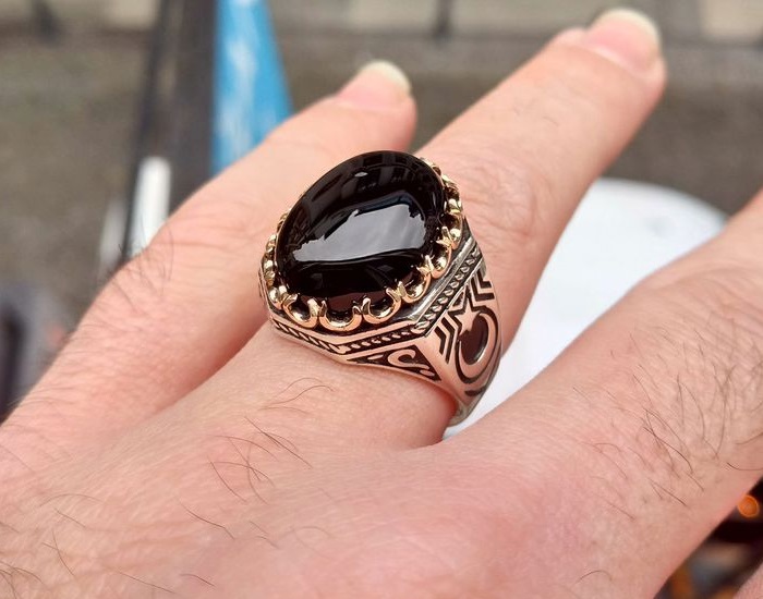 Black Onyx and Leather Ring