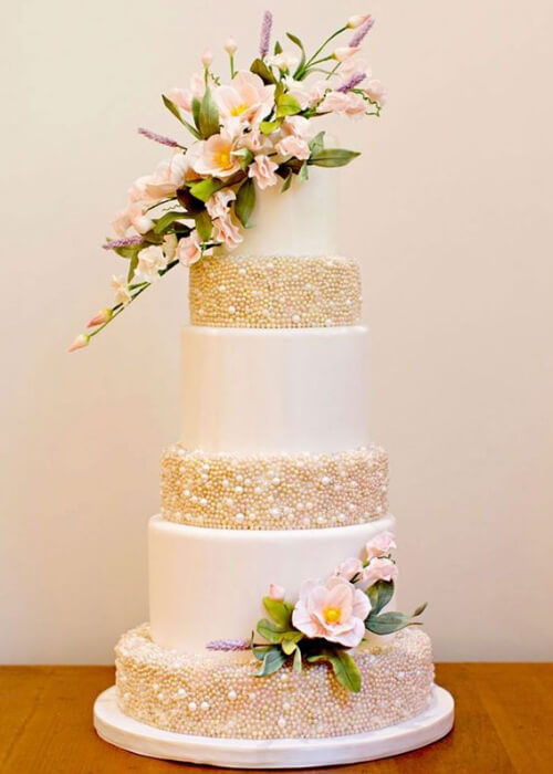 Metallic Pearl Wedding Cake With Flowers