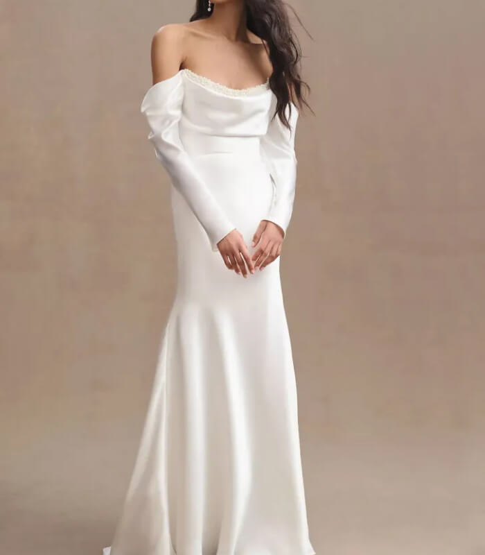 Off-the-Shoulder Pearl Detailed Wedding Dress