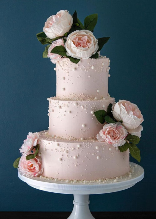 Pearl Wedding Cake With Floral Topper