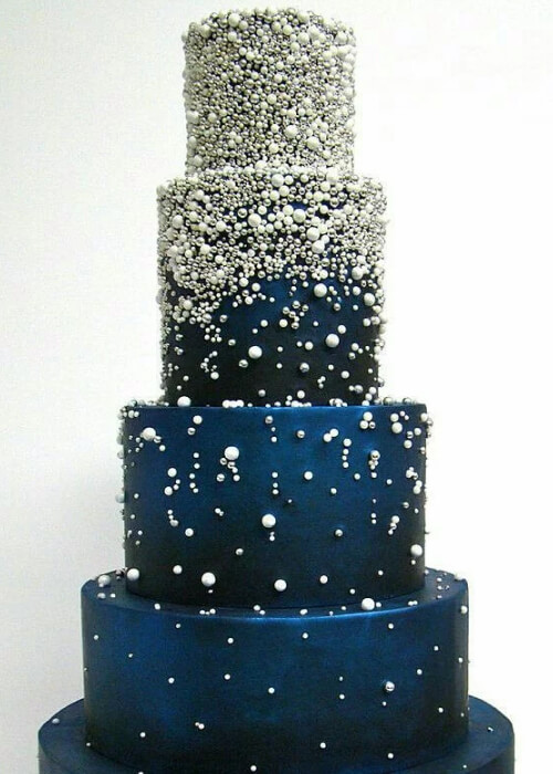 Silver Pearls + Dark Blue Peonies Cake