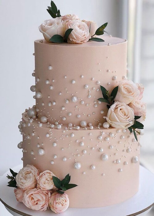 Wedding Cake With Pearls & Lush Blooms