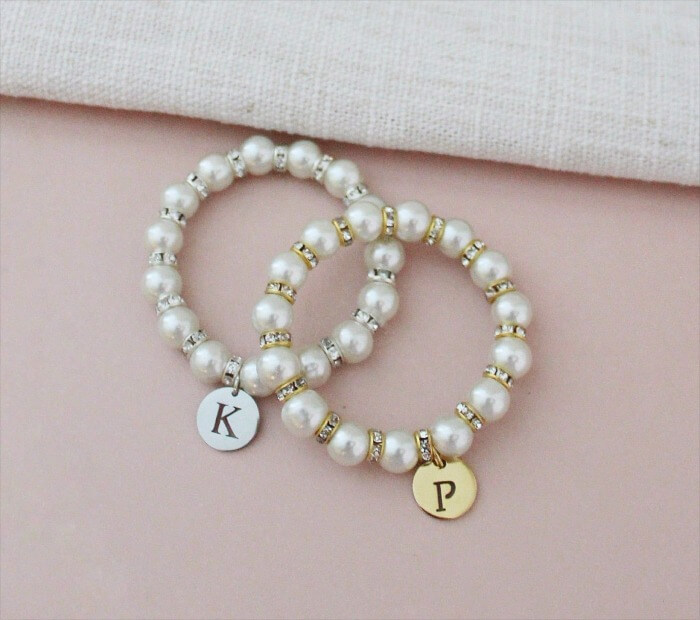 White Pearl Bracelet with Heart Shaped Monogram Initials