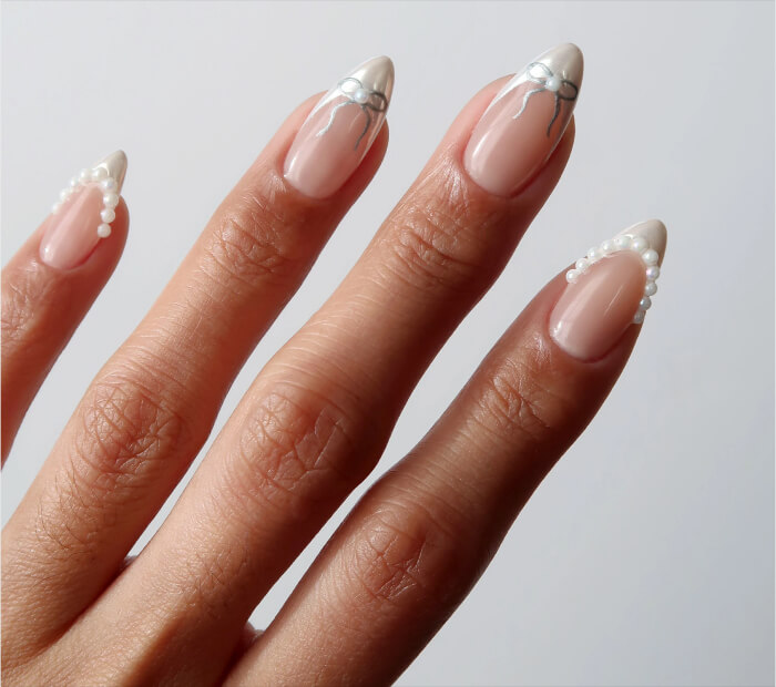 French Tip with a Pearl and Rhinestone Design