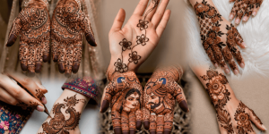 Hands adorned with elaborate mehndi/henna designs, featuring floral, peacock, and geometric motifs across fingers and forearms.