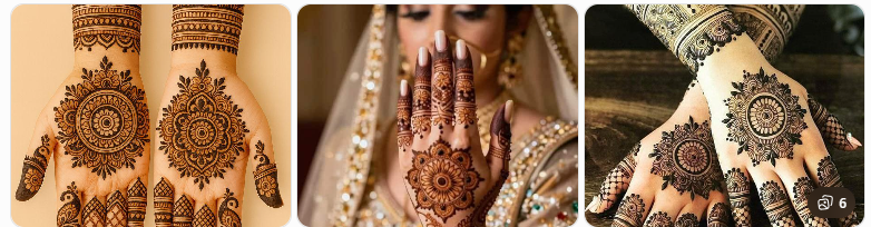 Two hands with intricate mehndi mandala patterns on palms and fingers.