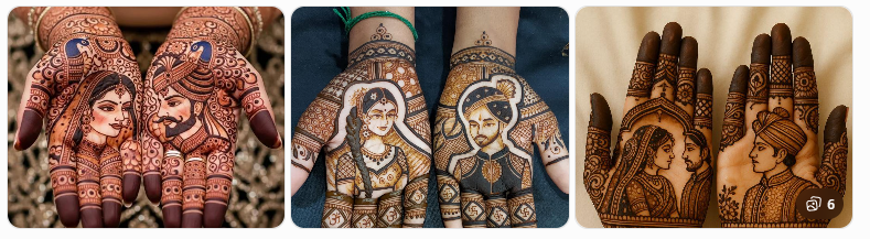 Hands adorned with intricate mehndi showing a couple's faces on the palms.