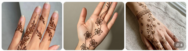 Triptych of hands adorned with floral mehndi designs on fingers and palms in a row of images.