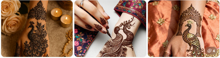 Collage of three close-ups of intricate henna designs on arms and hands: floral lace pattern, a peacock motif, and a stylized peacock within a decorative frame.