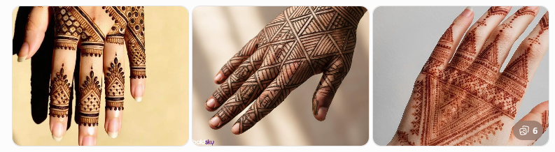 Three close-ups of hands showing elaborate henna (mehndi) patterns on fingers and palms, with intricate motifs on each finger.