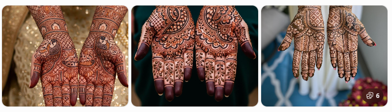 Close-up of hands with intricate henna mehndi designs covering palms and fingers, shown in a trio of photos