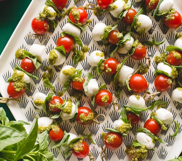 Caprese Skewers with Pesto Drizzle