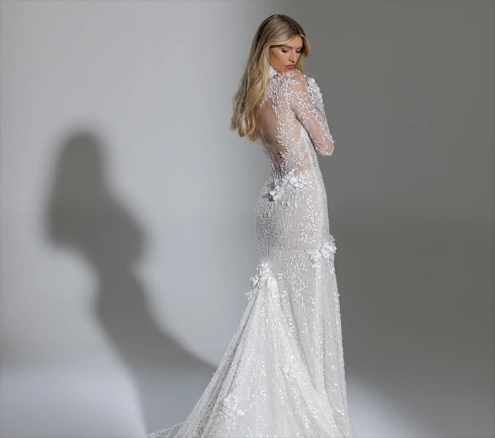 Long-Sleeved Gown with Sheer Lace Hem Dress