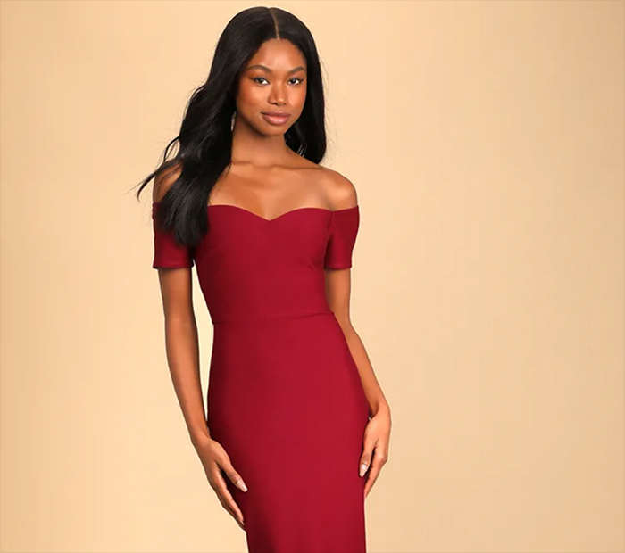 Wine-Colored Off-Shoulder Midi