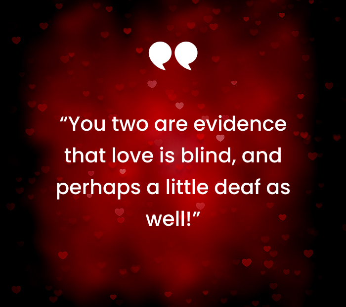 “You two are evidence that love is blind, and perhaps a little deaf as well!”