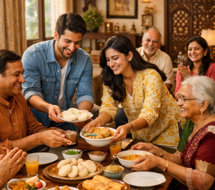 Young Indian couple leading a joyful family tradition during a shared Sunday breakfast in a warm, modern joint family home.