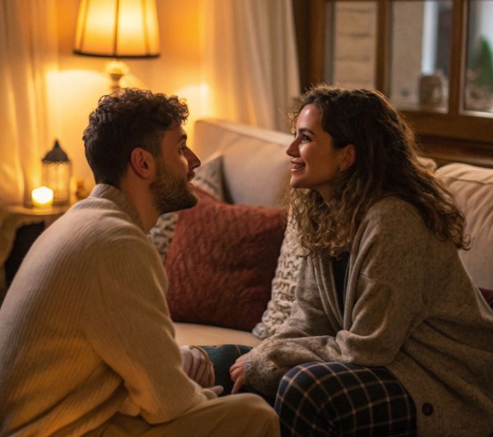 Couple sitting together at home, sharing a warm and intimate conversation.