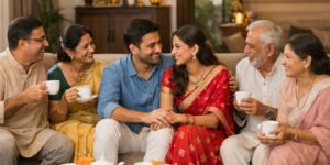 Happy Indian joint family sitting together at home after marriage, with a newlywed couple smiling warmly with parents and grandparents during tea time in a peaceful living room.