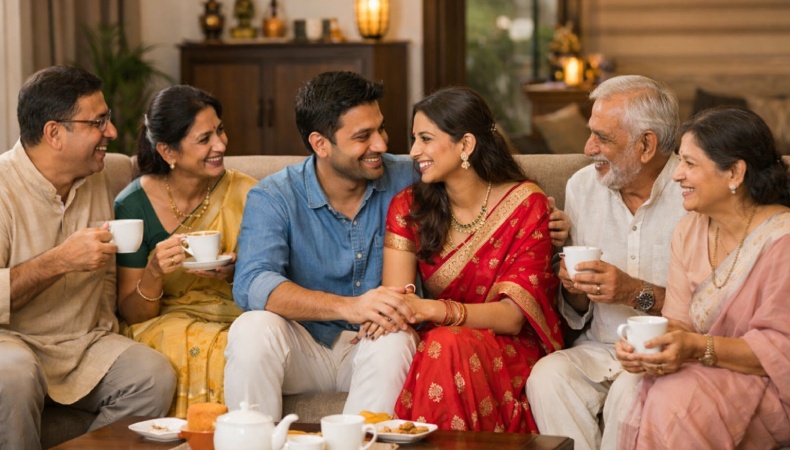 Happy Indian joint family sitting together at home after marriage, with a newlywed couple smiling warmly with parents and grandparents during tea time in a peaceful living room.