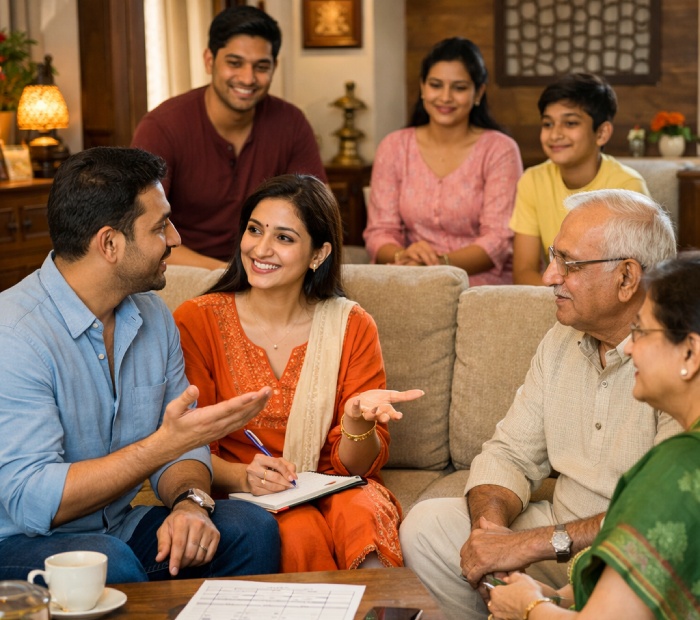 Married couple calmly discussing household responsibilities with family in a warm, modern-traditional Indian living room, showing harmony and teamwork.