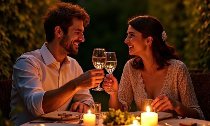 Husband and wife enjoying a cozy candlelight dinner at home, celebrating love and togetherness.