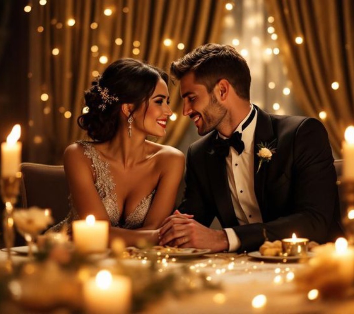 Couple enjoying a romantic candlelit first date, smiling at each other in a warm, elegant setting.
