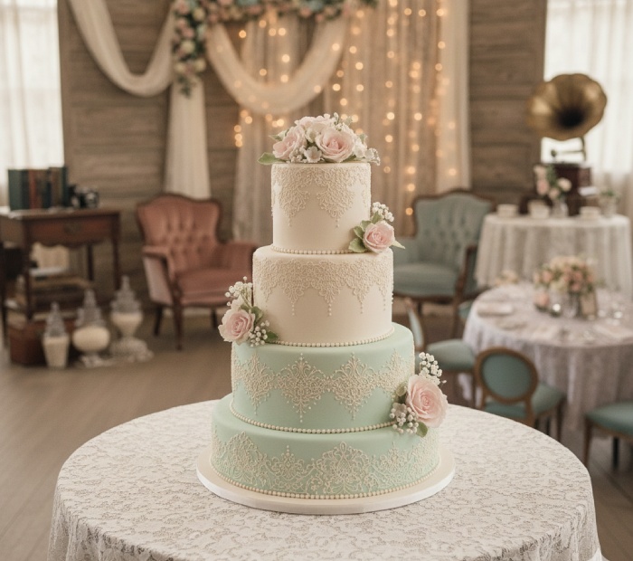 Retro-themed wedding cake with pastel tiers, lace-style detailing, and soft floral accents, set in a vintage-inspired wedding décor backdrop.