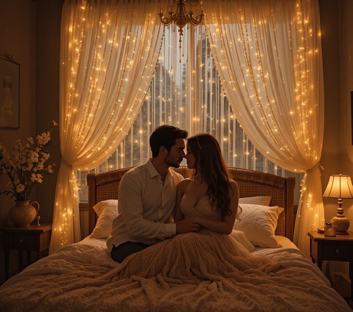 Couple sitting together on a bed in a softly lit romantic bedroom.