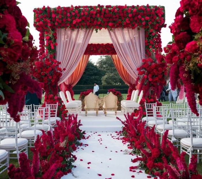 Royal wedding theme setup with a grand red floral mandap, white drapes, ornate gold seating, and an elegant aisle decorated with red flowers.