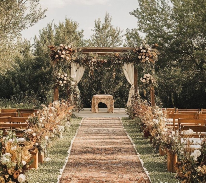 Rustic boho wedding theme with a wooden floral arch, earthy decor, dried flowers, and an outdoor aisle surrounded by nature.