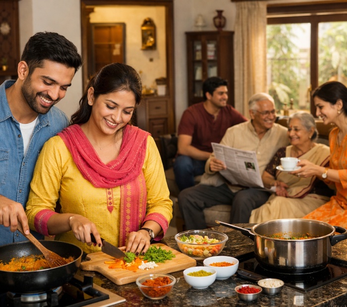 A happy couple cooking together in a modern-traditional kitchen, chopping vegetables and stirring a pan, while other family members—including grandparents and siblings—relax and share tea in the background. The scene shows teamwork, harmony, and mutual respect in a joint family home, with warm natural lighting and authentic Indian décor.
