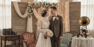 Vintage & retro-themed wedding setup with a bride and groom standing together, featuring antique furniture, lace décor, pastel flowers, and classic old-world charm.