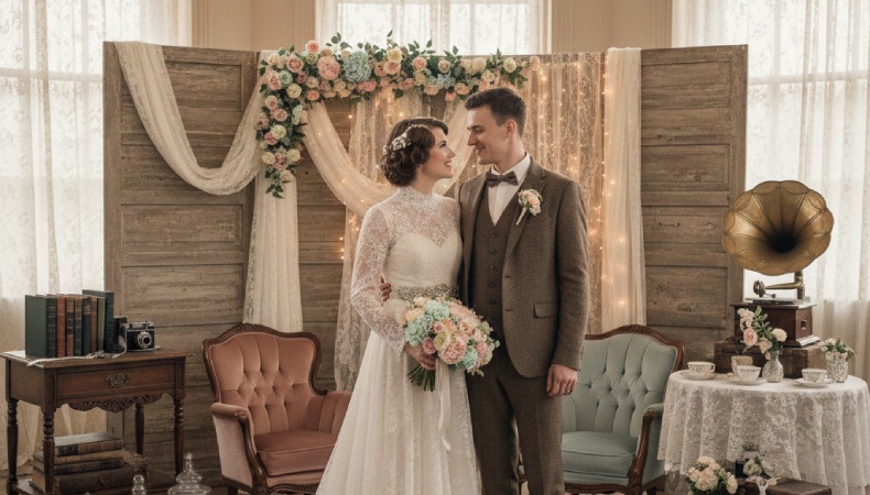 Vintage & retro-themed wedding setup with a bride and groom standing together, featuring antique furniture, lace décor, pastel flowers, and classic old-world charm.