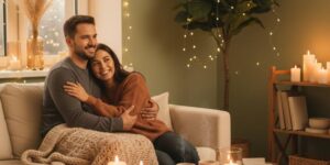 Romantic couple hugging on a cozy sofa at home with candles and warm lights, representing top 15 romantic ideas for husband and wife at home.