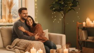 Top 15 Romantic Ideas for Husband and Wife at Home Romantic couple hugging on a cozy sofa at home with candles and warm lights, representing top 15 romantic ideas for husband and wife at home.