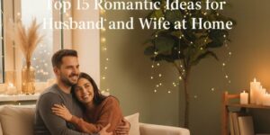 Top 15 Romantic Ideas for Husband and Wife at Home Romantic couple hugging on a cozy sofa at home with candles and warm lights, representing top 15 romantic ideas for husband and wife at home