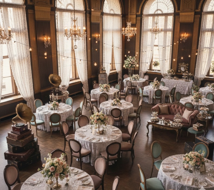 Vintage-inspired wedding venue with an elegant ballroom, round tables, lace linens, chandeliers, antique furniture, and classic retro décor creating a timeless atmosphere.