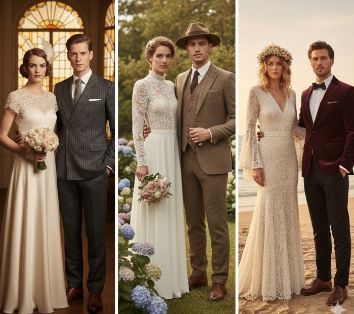 Vintage and retro-themed wedding couples wearing classic bridal gowns and groom suits, showcasing long white lace dresses, three-piece suits, and timeless old-world elegance.