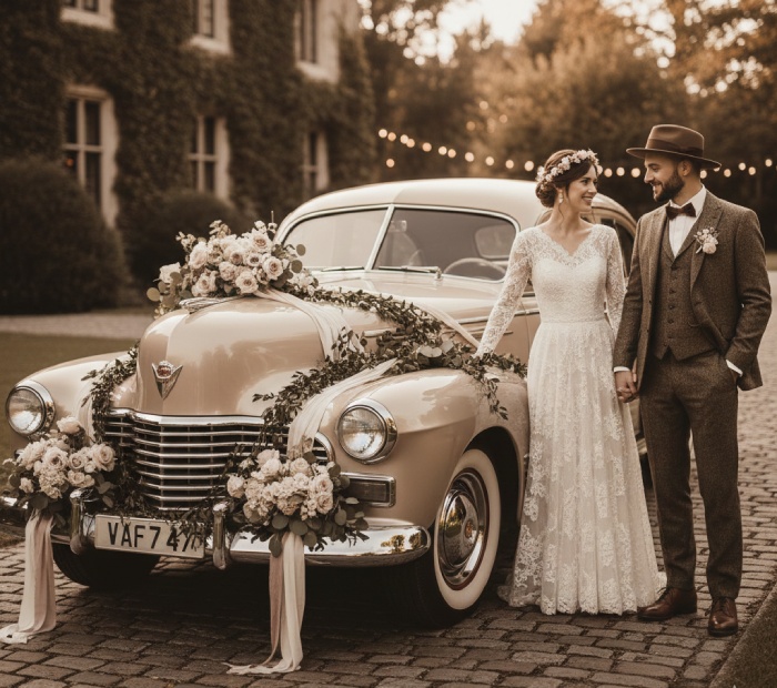 Bride and groom posing beside a flower-decorated vintage car, showcasing a retro-themed wedding with classic attire and timeless romantic charm.
