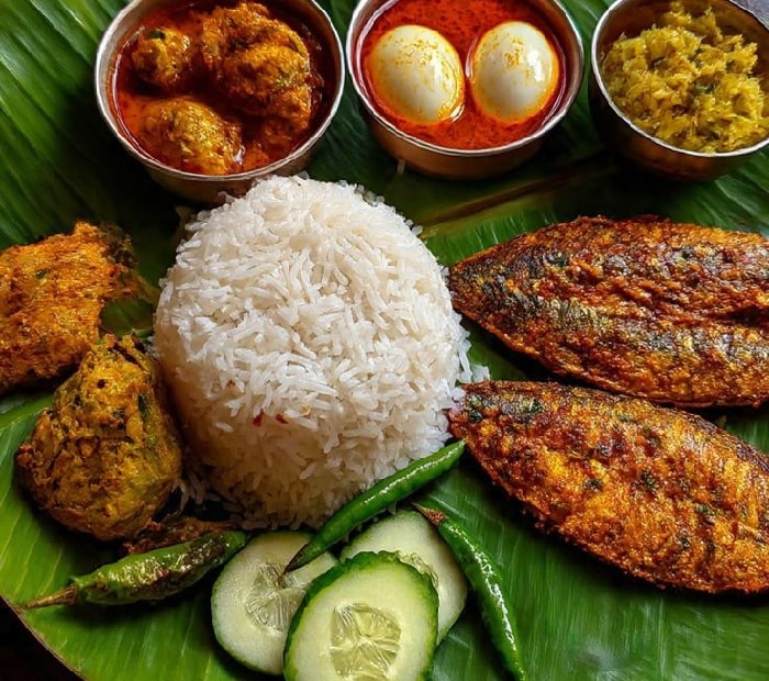 South Indian wedding non-vegetarian feast served on banana leaf